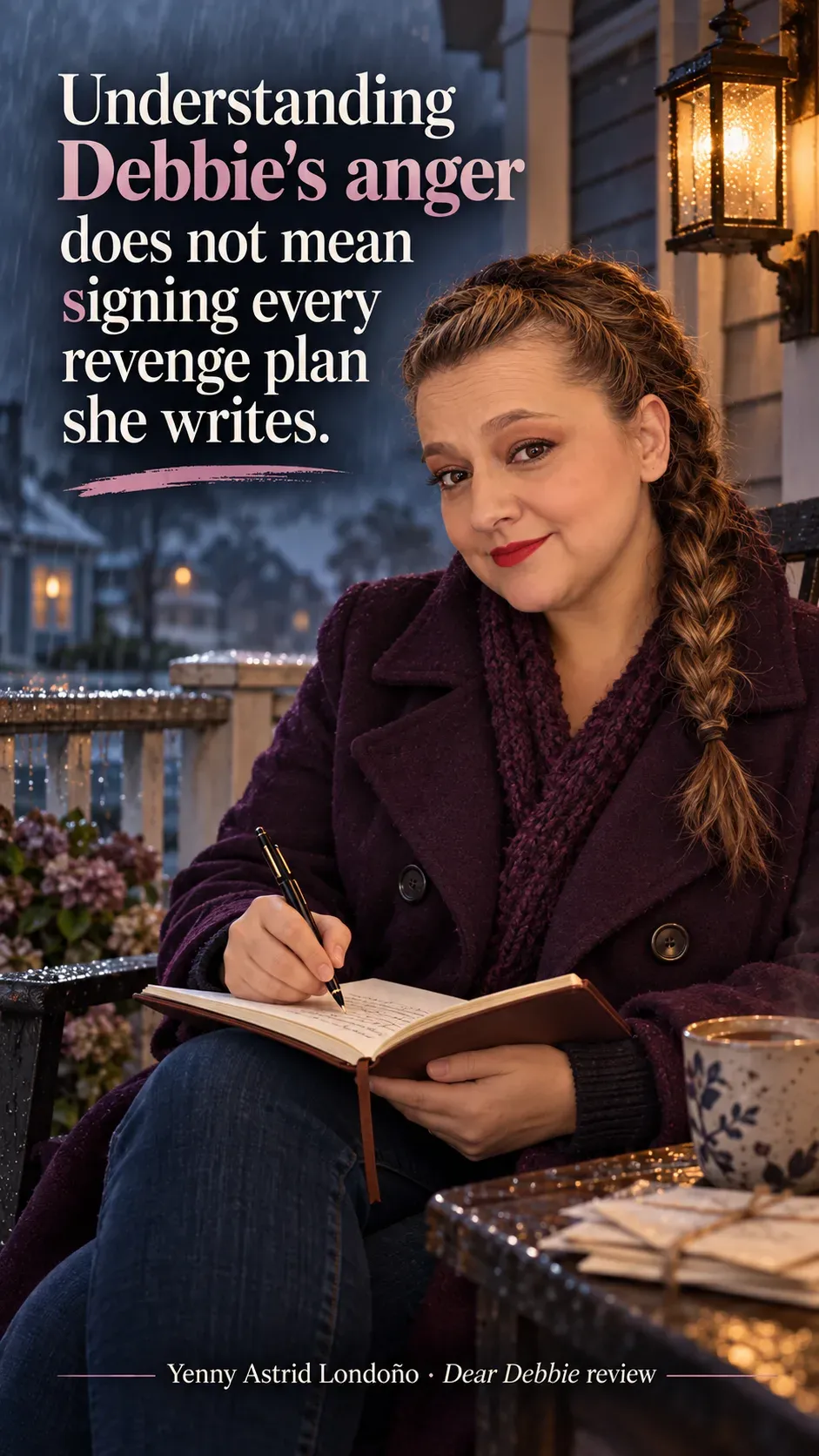Image from Yenny Astrid Londoño’s review of “Dear Debbie”. Yenny in a plum coat writing in a notebook on a rainy porch. Text: Understanding Debbie's anger does not mean signing every revenge plan she writes.