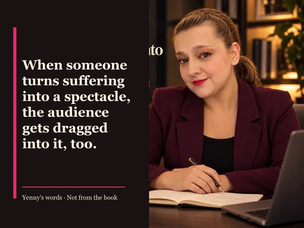 Image from Yenny Astrid Londoño’s review of “The Soul Game”. Illustration of The Soul Game, by Javier Castillo, with overlaid text: «When someone turns suffering into a spectacle, the audience gets dragged into it, too.»