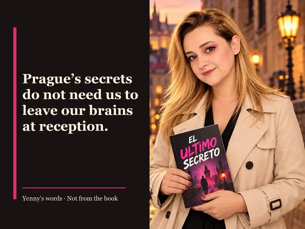 Image from Yenny Astrid Londoño’s review of “The Secret of Secrets”. Illustration of El último secreto, by Dan Brown, with overlaid text: «Prague's secrets do not need us to leave our brains at reception.»