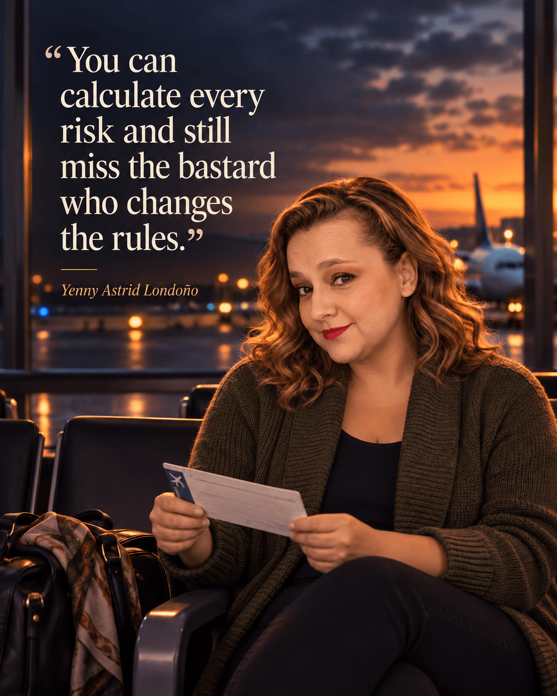 Image from Yenny Astrid Londoño’s review of “Seat 7a”. Yenny at the airport reading a boarding pass beside her comment about changed rules. Text: You can calculate every risk and still miss the bastard who changes the rules.