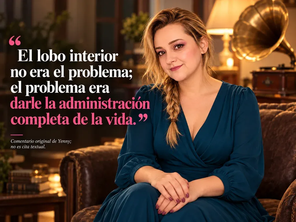 Imagen de la reseña del libro «El lobo estepario», escrita por Yenny Astrid Londoño. Yenny Astrid Londoño sentada en un sofá con un fonógrafo de fondo, con el texto «El lobo interior no era el problema; el problema era darle la administración completa de la vida» superpuesto en la.