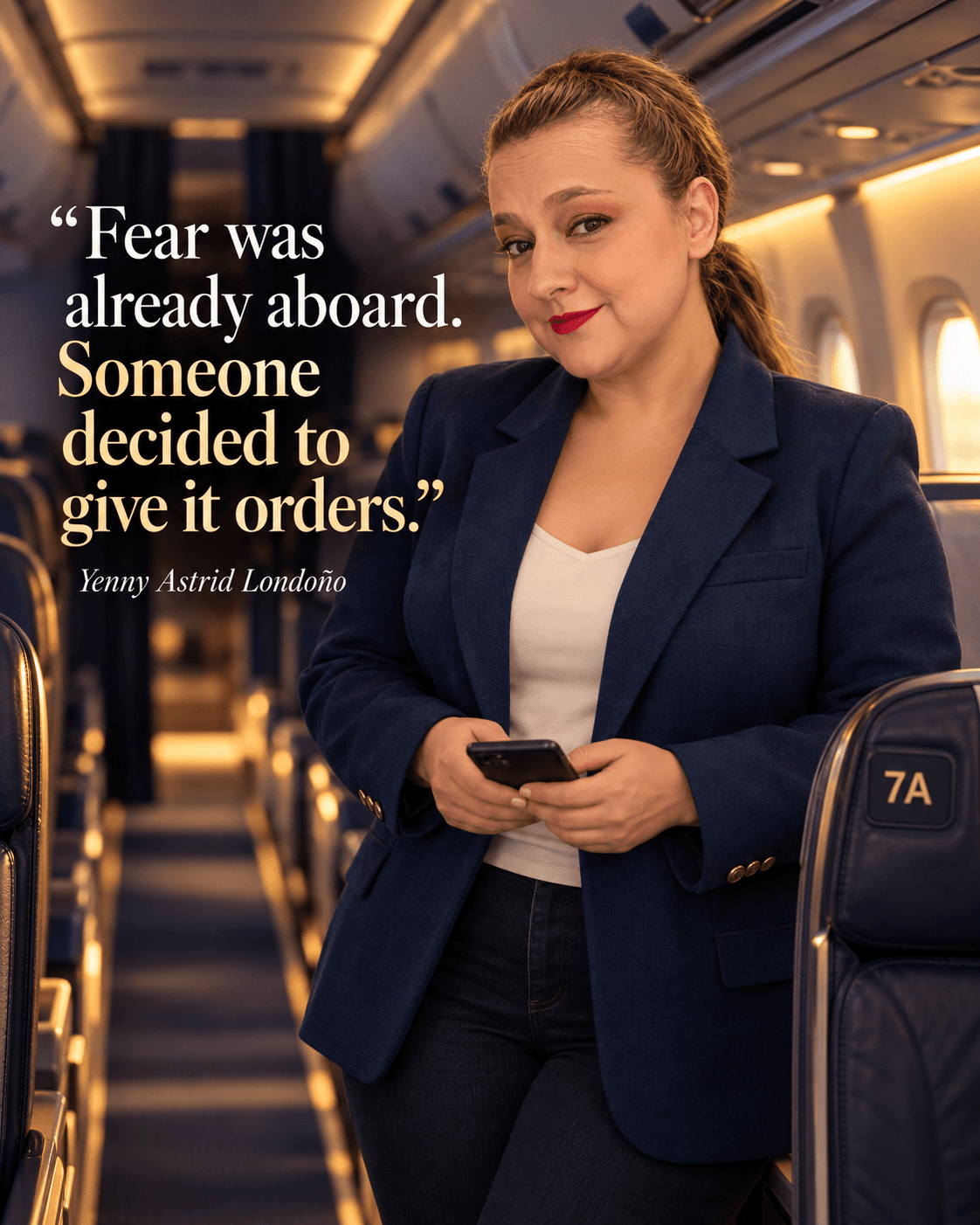 Image from Yenny Astrid Londoño’s review of “Seat 7a”. Yenny in an aircraft cabin beside her comment about fear. Text: Fear was already aboard. Someone decided to give it orders.
