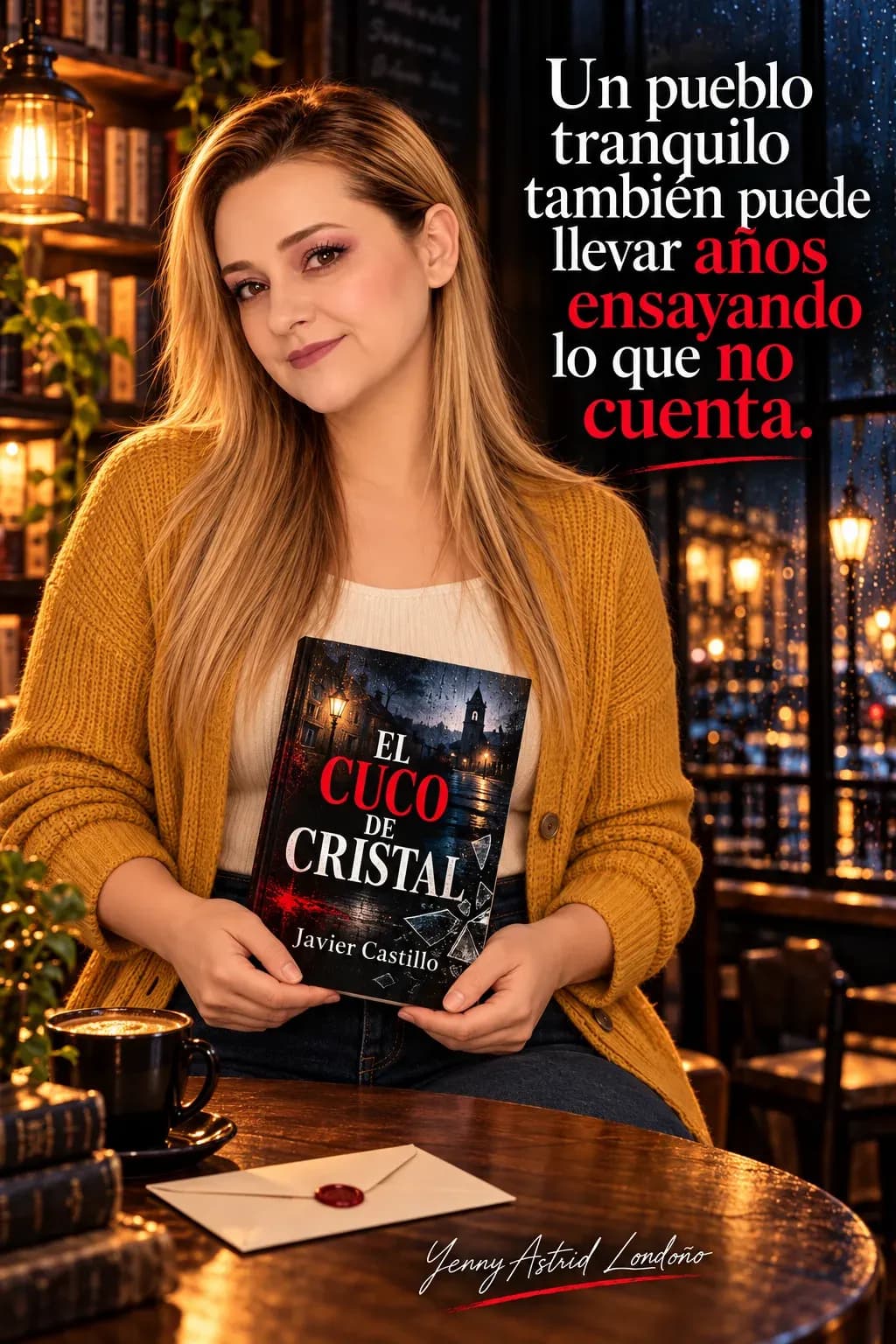 Yenny con cabello liso y cárdigan mostaza, sosteniendo El cuco de cristal con ambas manos junto a una ventana lluviosa; frase del libro sobre secretos del pueblo.