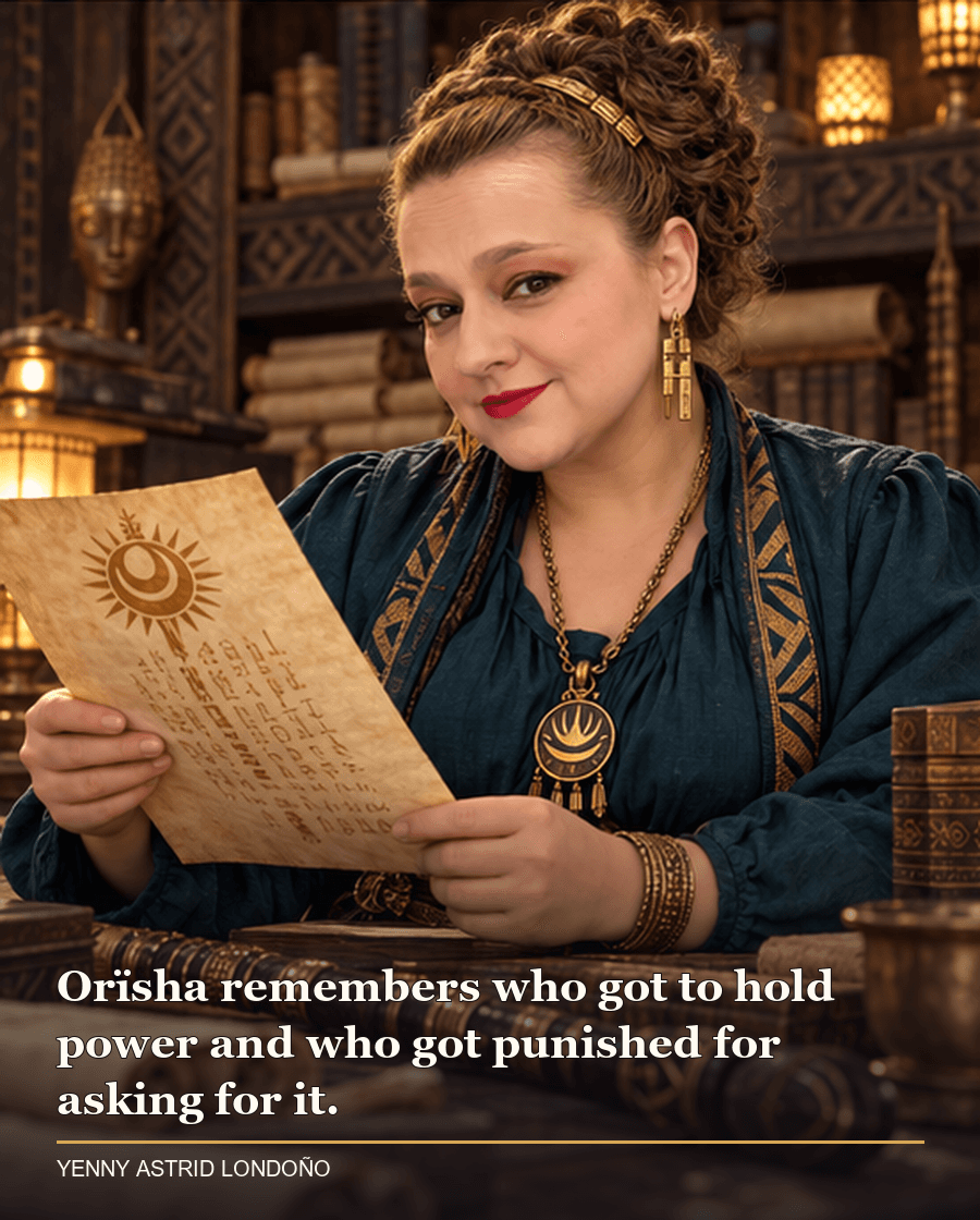 Image from Yenny Astrid Londoño’s review of “Children of Blood and Bone”. Yenny in a dark teal blouse reviewing a royal decree in a carved-wood archive. Text: Orïsha remembers who got to hold power and who got punished for asking for it.