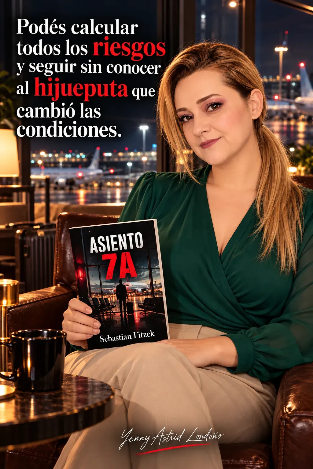 Yenny con coleta y blusa verde, sentada ante una pista de aeropuerto con Asiento 7A y una mano sobre la rodilla; frase del libro sobre riesgos y chantaje.