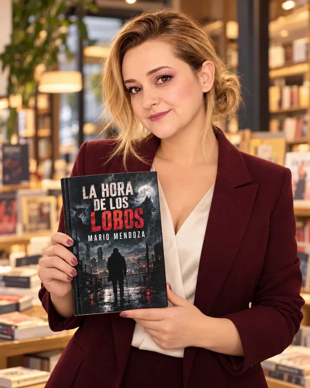 Cover image for Yenny Astrid Londoño’s review of “The Hour of the Wolves”. Yenny Astrid Londoño in an editorial scene with an artistic mockup of The Hour of the Wolves, by Mario Mendoza.