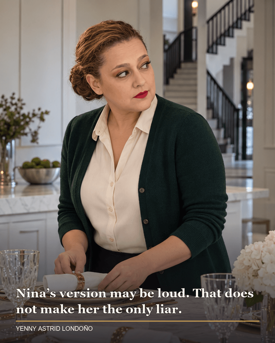 Image from Yenny Astrid Londoño’s review of “The Housemaid”. Yenny in a perfect kitchen looking toward the staircase. Text: Nina’s version may be loud. That does not make her the only liar.