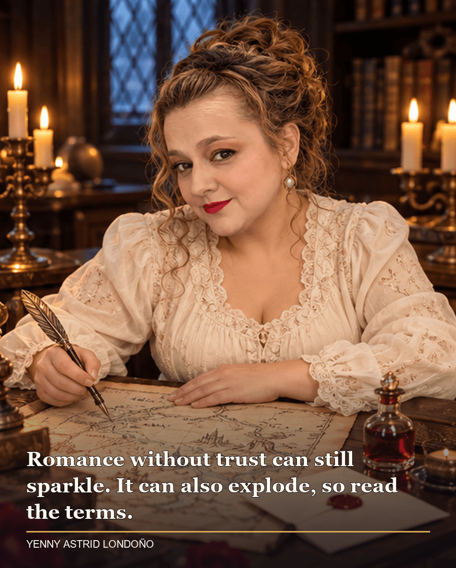 Image from Yenny Astrid Londoño’s review of “Once Upon a Broken Heart”. Yenny in an ivory blouse at a candlelit desk with a fairytale map, glass bottle and unopened contract. Text: Romance without trust can still sparkle. It can also explode, so read the terms.