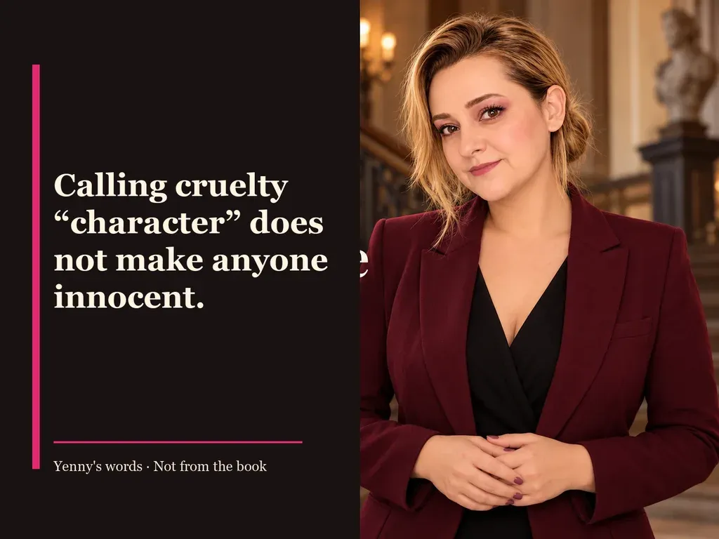 Image from Yenny Astrid Londoño’s review of “The House of the Spirits”. Illustration of La casa de los espíritus, by Isabel Allende, with overlaid text: «Calling cruelty 'character' does not make anyone innocent.»
