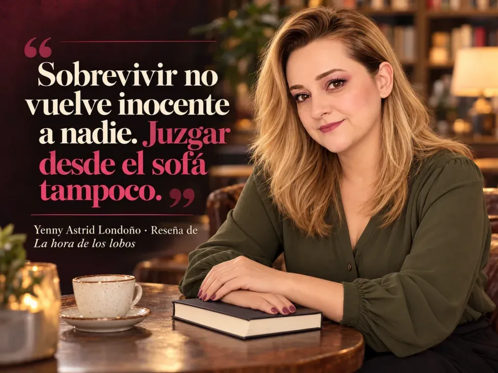 Imagen de la reseña del libro «La hora de los lobos», escrita por Yenny Astrid Londoño. Ilustración de La hora de los lobos, de Mario Mendoza, con un texto superpuesto: «Sobrevivir no vuelve inocente a nadie. Juzgar desde el sofá tampoco».