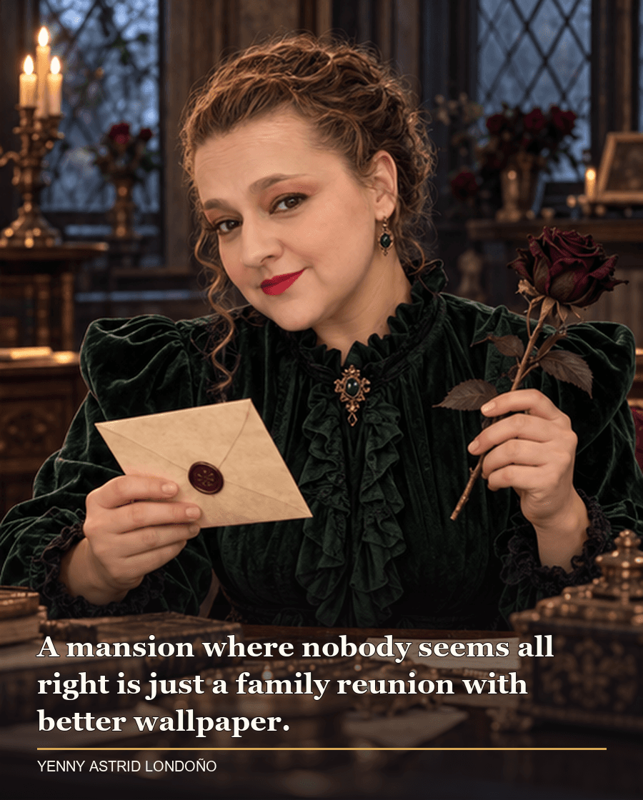 Image from Yenny Astrid Londoño’s review of “Belladonna”. Yenny in a dark green velvet blouse reviewing a sealed family letter beside a dark rose at Thorn Grove. Text: A mansion where nobody seems all right is just a family reunion with better wallpaper.