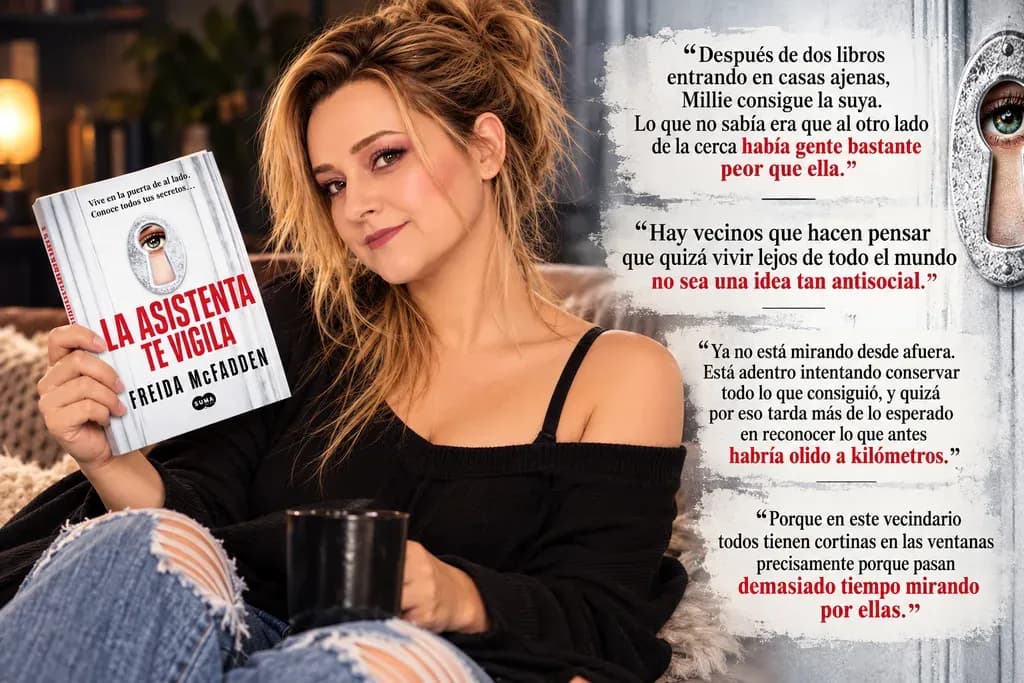 Yenny Astrid Londoño con La asistenta te vigila, de Freida McFadden, junto a cuatro frases del libro sobre Millie y sus vecinos.