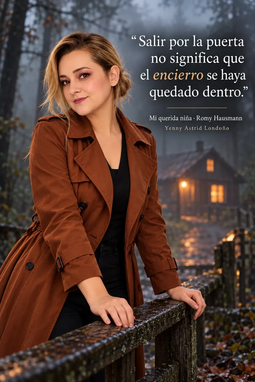 Yenny con gabardina cobre se apoya en una baranda de madera ante un bosque con niebla y una cabaña.