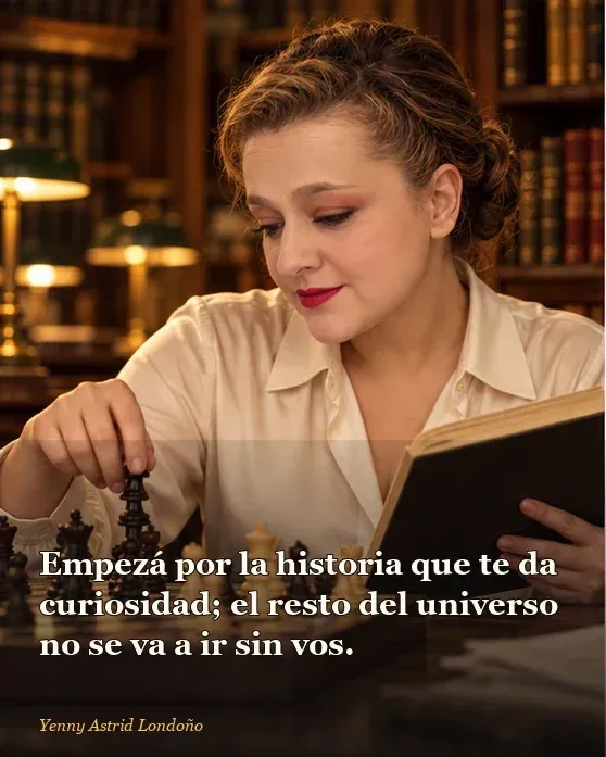 Imagen del artículo «Orden de los libros de Reina Roja: por dónde empezar sin convertirlo en tesis», escrito por Yenny Astrid Londoño. Yenny sostiene un libro abierto y elige una ruta entre dos trilogías; frase: “Empezá por la historia que te da
