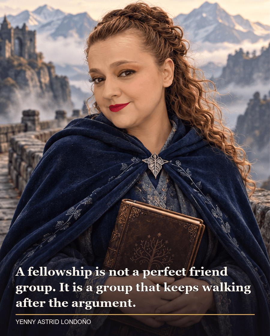 Image from Yenny Astrid Londoño’s review of “The Fellowship of the Ring”. Yenny in a dark blue cloak at a mountain pass beside a stone bridge with a closed notebook. Text: A fellowship is not a perfect friend group. It is a group that keeps walking after the argument.