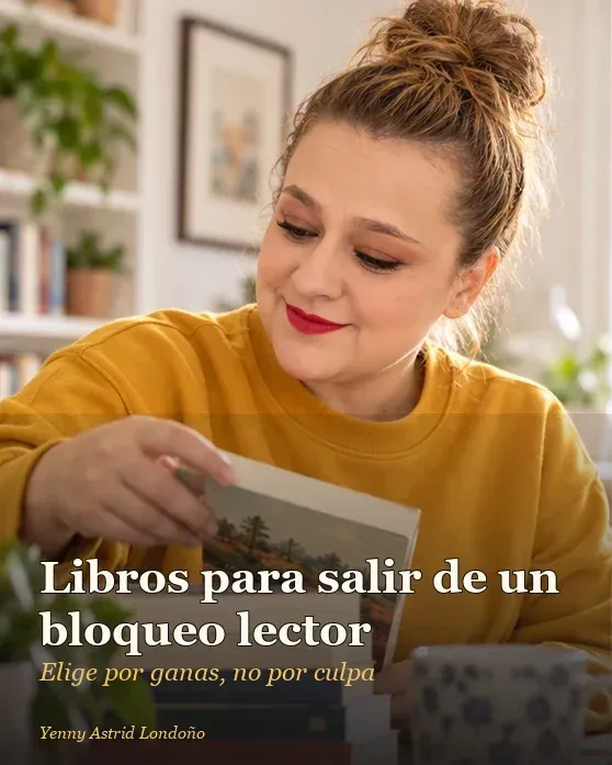 Portada del artículo «Libros para salir de un bloqueo lector: elige por ganas, no por culpa», escrito por Yenny Astrid Londoño. Yenny elige un libro delgado entre una pila de lecturas pendientes en una sala cálida.