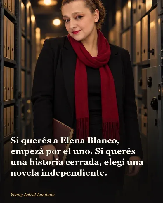 Imagen del artículo «Libros de Carmen Mola: en qué orden leer a Elena Blanco y por cuál novela empezar», escrito por Yenny Astrid Londoño. Yenny sostiene una novela independiente junto a una fila ordenada de cinco expedientes; frase: “Si querés a Elena