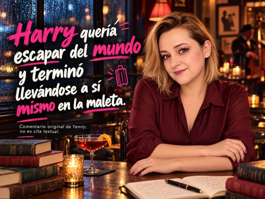 Imagen de la reseña del libro «El lobo estepario», escrita por Yenny Astrid Londoño. Yenny Astrid Londoño sentada en un bar con una copa y libros sobre la mesa, con el texto «Harry quería escapar del mundo y terminó llevándose a sí mismo en la maleta» superpuesto en la imagen, como.