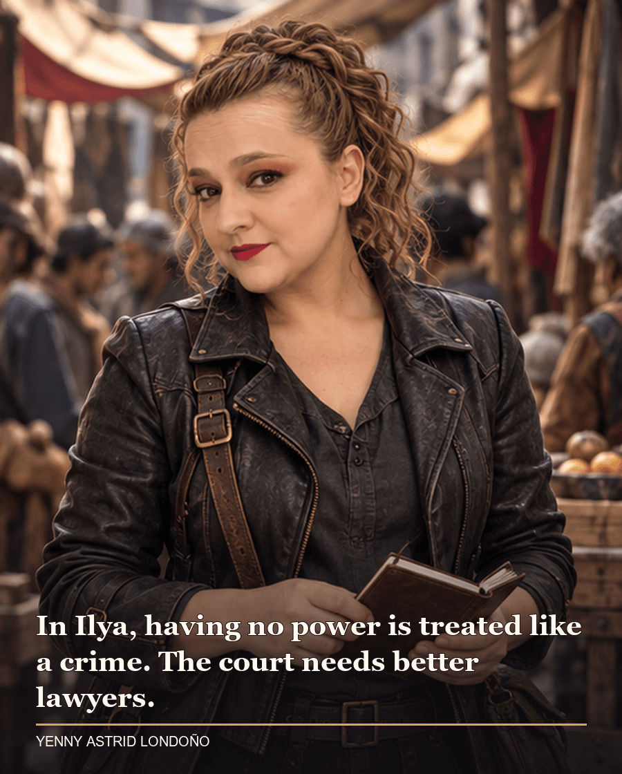 Image from Yenny Astrid Londoño’s review of “Powerless”. Yenny in a charcoal leather jacket reading people in a crowded market alley with a notebook. Text: In Ilya, having no power is treated like a crime. The court needs better lawyers.