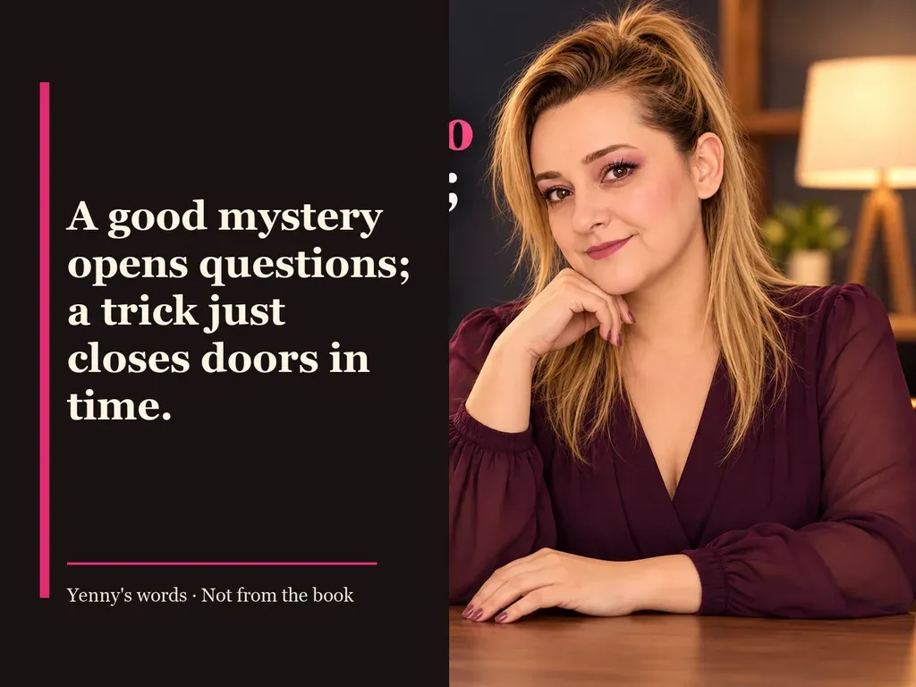 Image from Yenny Astrid Londoño’s review of “The Secret of Secrets”. Illustration of El último secreto, by Dan Brown, with overlaid text: «A good mystery opens questions; a trick just closes doors in time.»