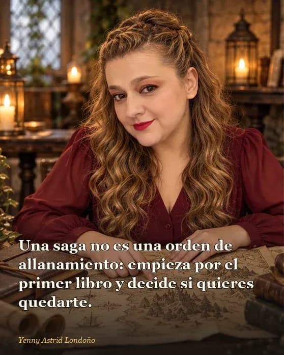 Imagen del artículo «Mejores sagas de fantasía para empezar: siete puertas y ninguna aduana literaria», escrito por Yenny Astrid Londoño. Yenny con blusa color vino revisando un mapa de fantasía sobre la mesa; frase: una saga no es una orden, puedes probar