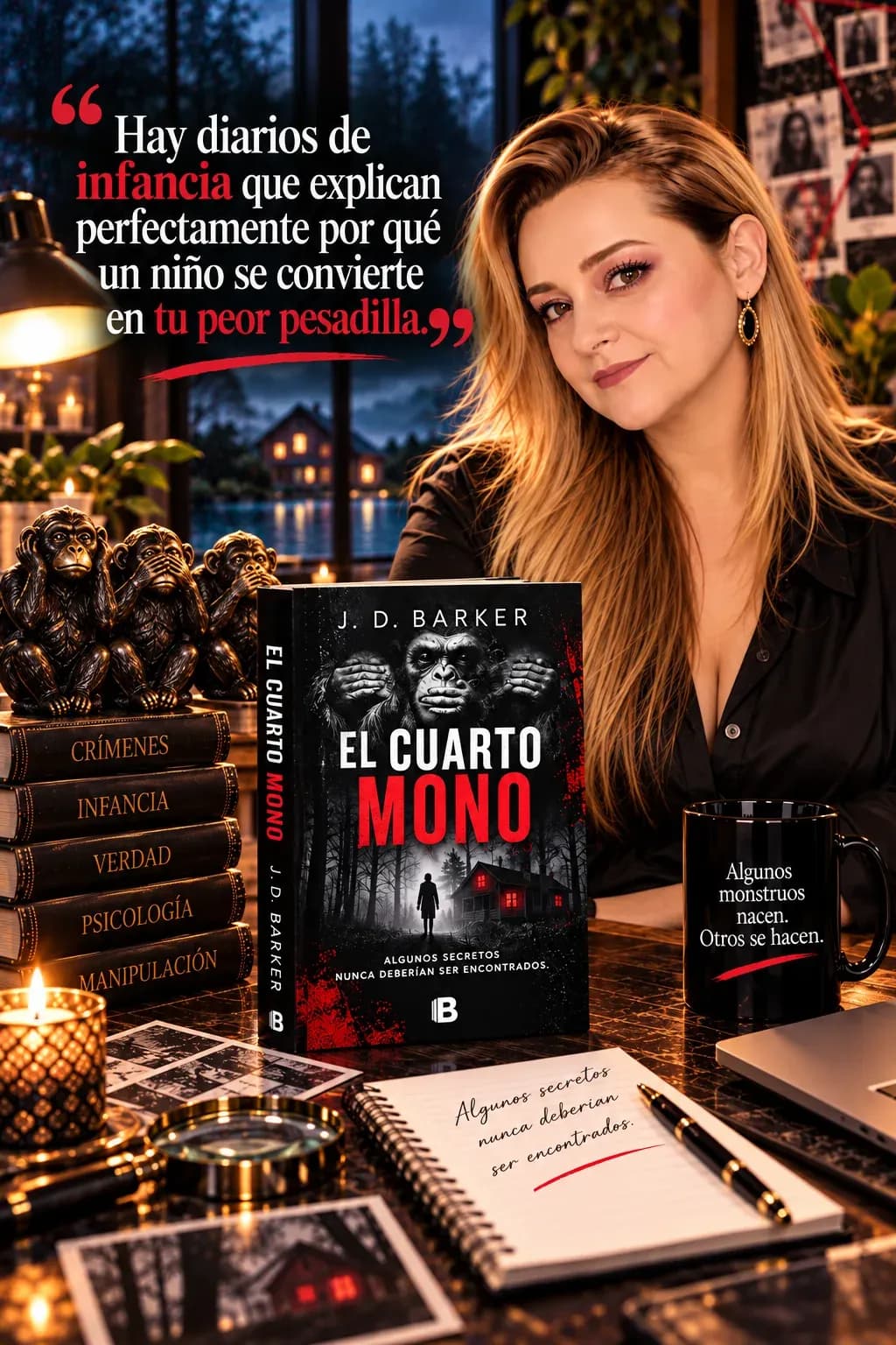 Yenny Astrid Londoño con una blusa negra, junto a El cuarto mono, de J. D. Barker, estatuillas de tres monos y un cuaderno, con una ventana con lluvia al fondo y un texto superpuesto en la imagen.