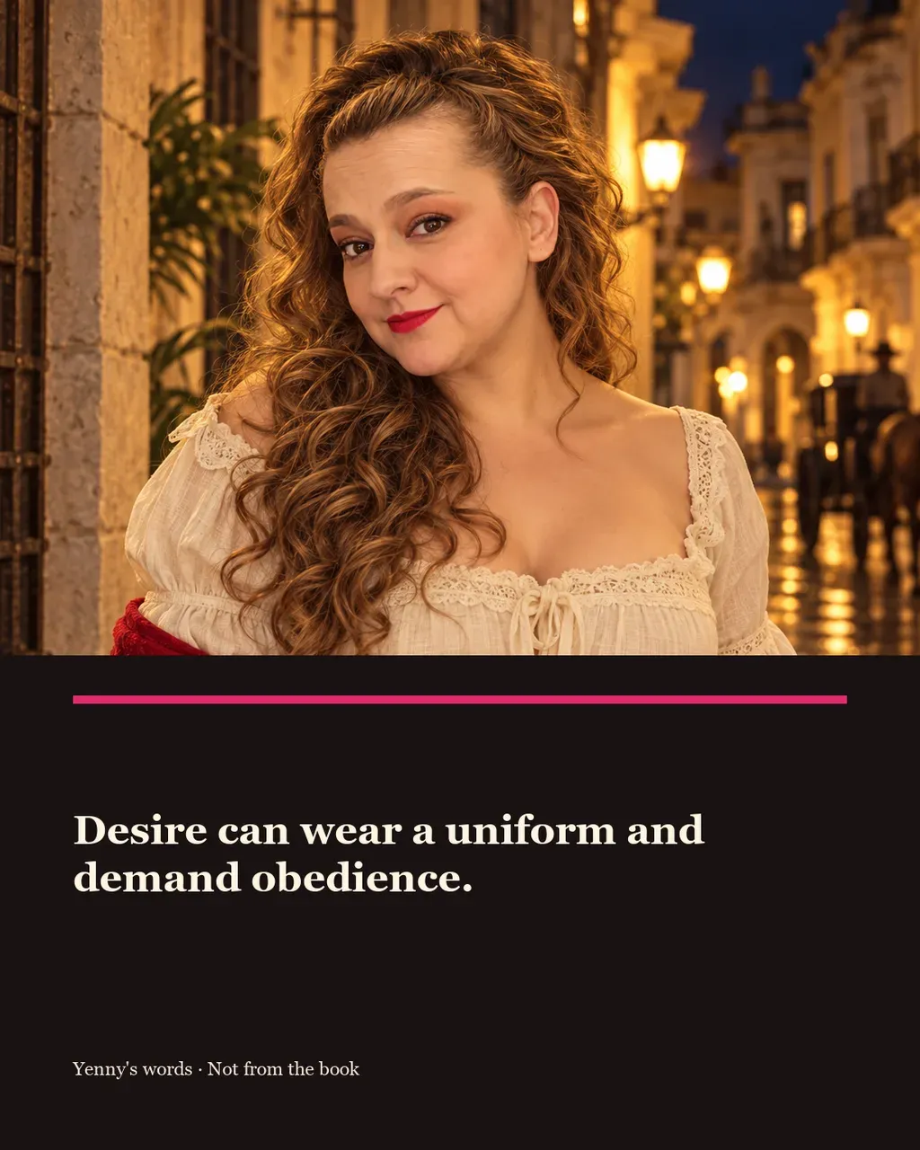 Image from Yenny Astrid Londoño’s review of “Hell”. Illustration of Hell, by Carmen Mola, with overlaid text: «Desire can wear a uniform and demand obedience.»