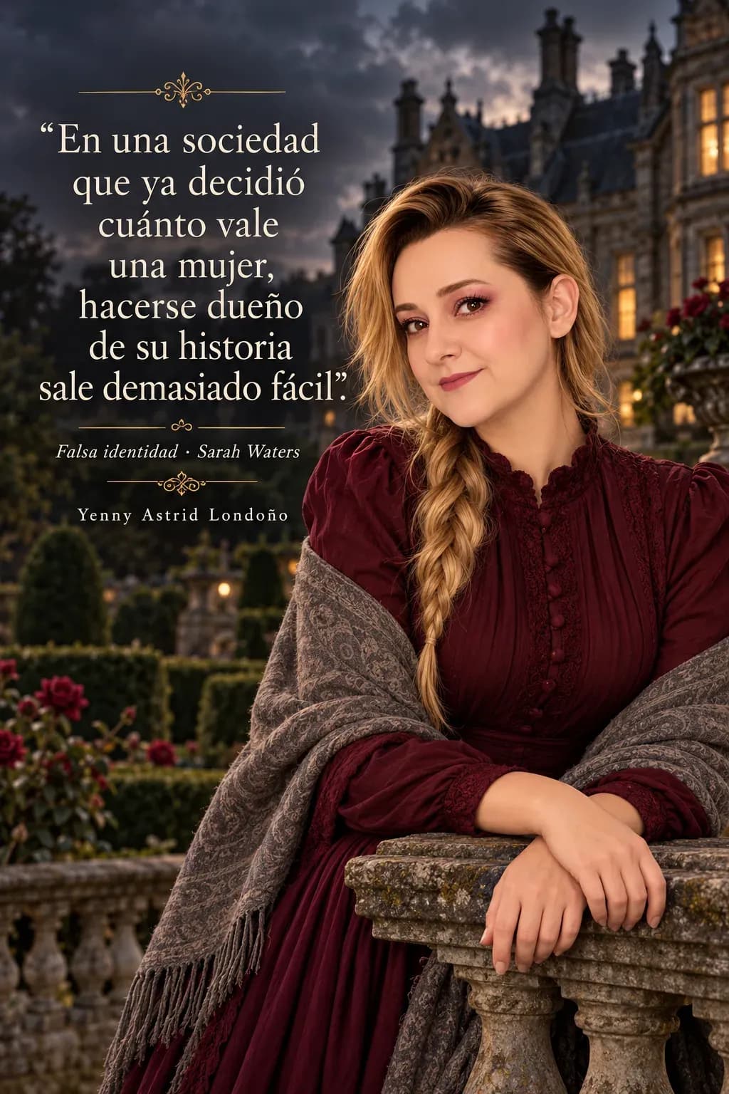 Yenny con vestido borgoña y chal gris se apoya en la baranda del jardín de una mansión victoriana.