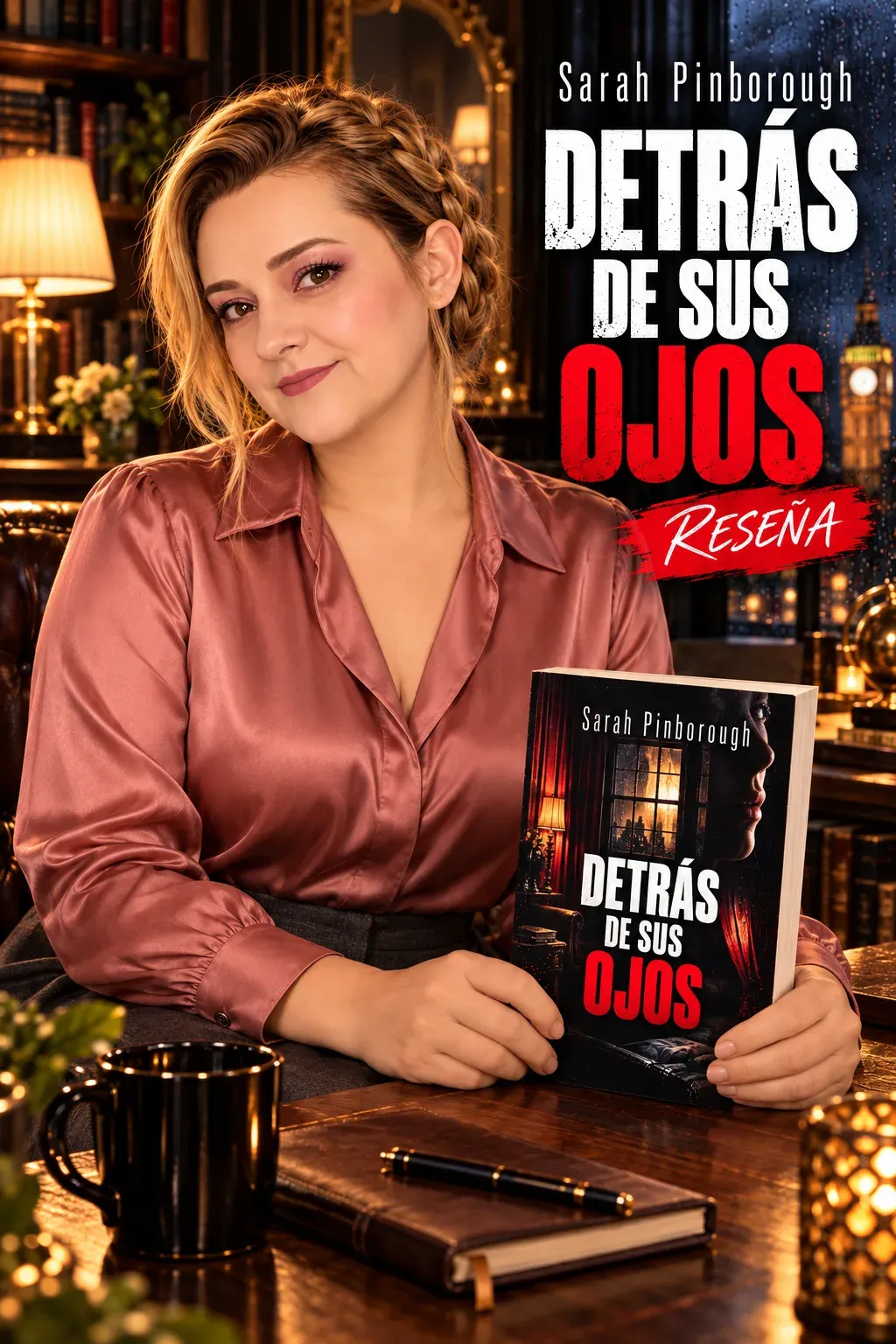 Yenny con trenza recogida y blusa rosa, sosteniendo Detrás de sus ojos con ambas manos sobre una mesa de lectura; Londres iluminado al fondo.