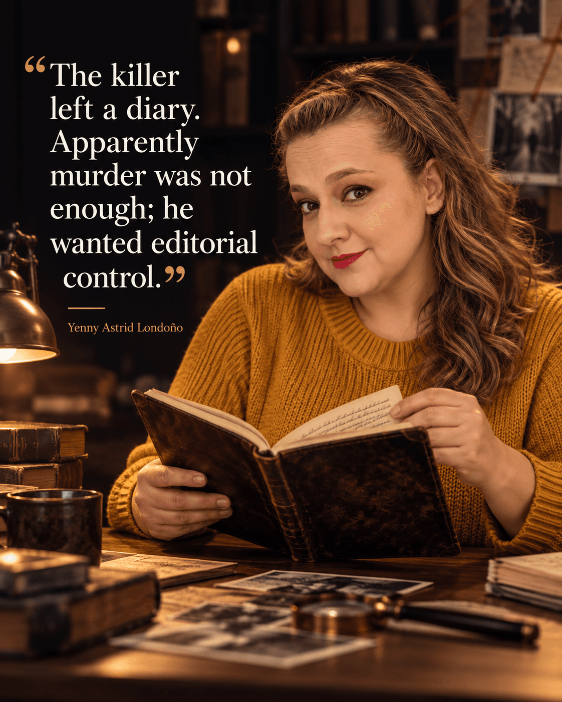 Image from Yenny Astrid Londoño’s review of “The Fourth Monkey”. Illustration of The Fourth Monkey, by J. D. Barker, with overlaid text: «A killer writing about his childhood does not make him a disinterested witness.»