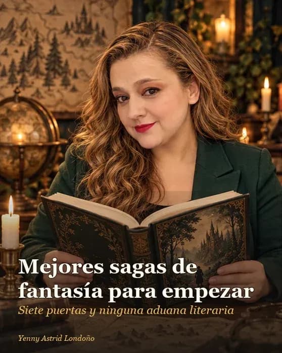 Portada del artículo «Mejores sagas de fantasía para empezar: siete puertas y ninguna aduana literaria», escrito por Yenny Astrid Londoño. Yenny Astrid Londoño en una biblioteca de fantasía, con un libro abierto, mapas y una pila de sagas; portada editorial