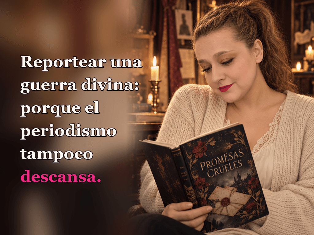 Imagen de la reseña del libro «Promesas crueles», escrita por Yenny Astrid Londoño. Ilustración de Promesas crueles, de Rebecca Ross, con un texto superpuesto: «Reportear una guerra divina: porque el periodismo tampoco descansa».