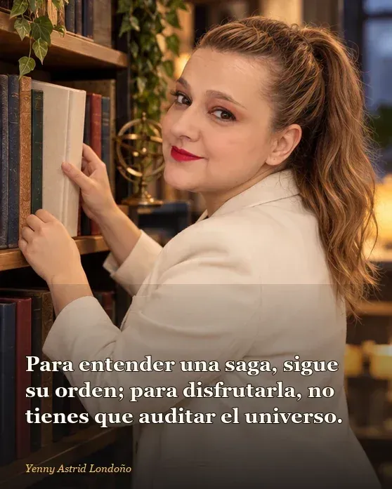 Imagen del artículo «Orden de los libros de Brandon Sanderson para principiantes: primero la saga, luego el mapa», escrito por Yenny Astrid Londoño. Yenny coloca los tomos de una saga en orden sobre una mesa y aparta el mapa cronológico para después.