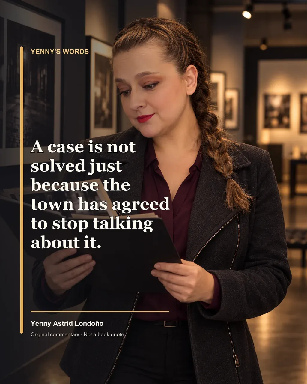 Image from Yenny Astrid Londoño’s review of “The Cuckoo”. Illustration of The Cuckoo, by Camilla Läckberg, with overlaid text: «A case is not solved just because the town has agreed to stop talking about it.»