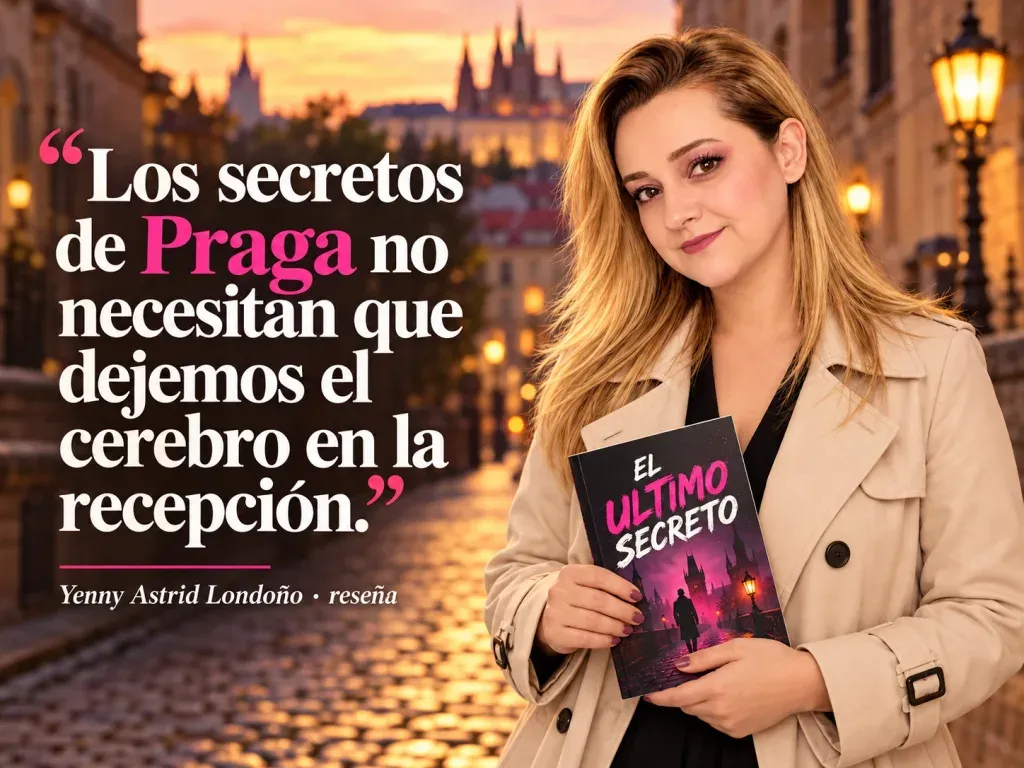Imagen de la reseña del libro «El último secreto», escrita por Yenny Astrid Londoño. Yenny Astrid Londoño en una imagen editorial con la frase del libro sobre Los secretos de Praga no necesitan que dejemos el cerebro en la recepción.