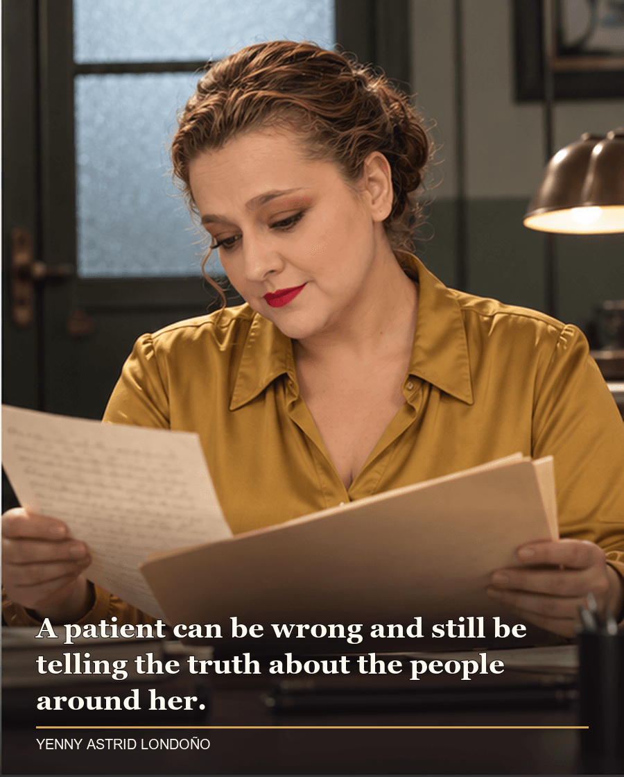 Image from Yenny Astrid Londoño’s review of “God's Crooked Lines”. Yenny in a muted gold blouse reviewing a patient file beside a frosted office door. Text: A patient can be wrong and still be telling the truth about the people around her.