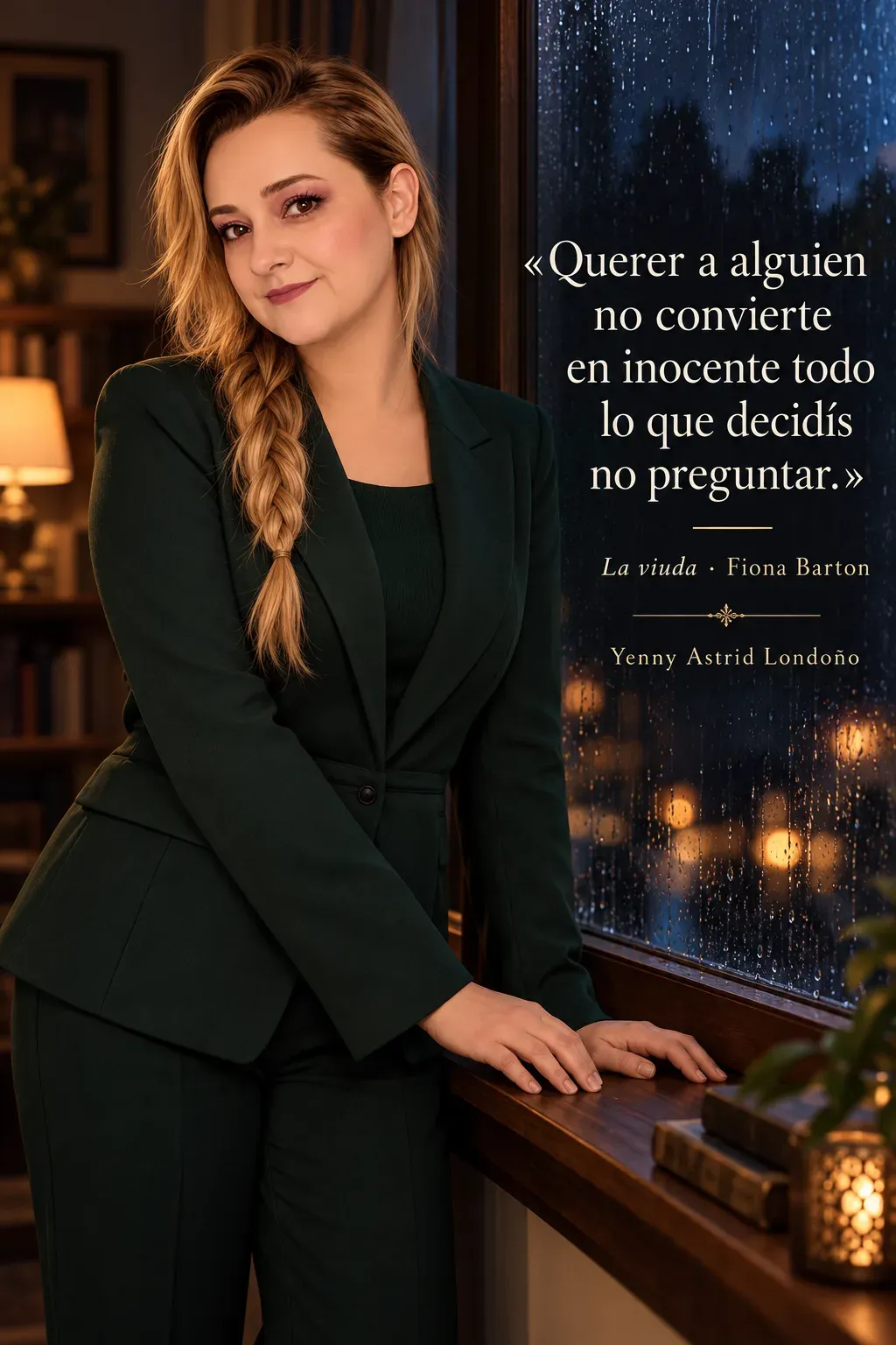 Yenny con traje verde oscuro y trenza lateral apoya ambas manos en el alféizar de una ventana lluviosa.