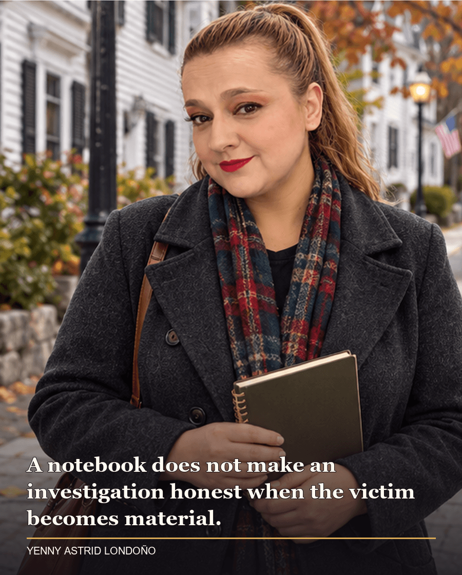 Image from Yenny Astrid Londoño’s review of “The Truth About the Harry Quebert Affair”. Yenny in a charcoal coat on a quiet small-town street holding a notebook near a white clapboard house. Text: A notebook does not make an investigation honest when the victim becomes material.