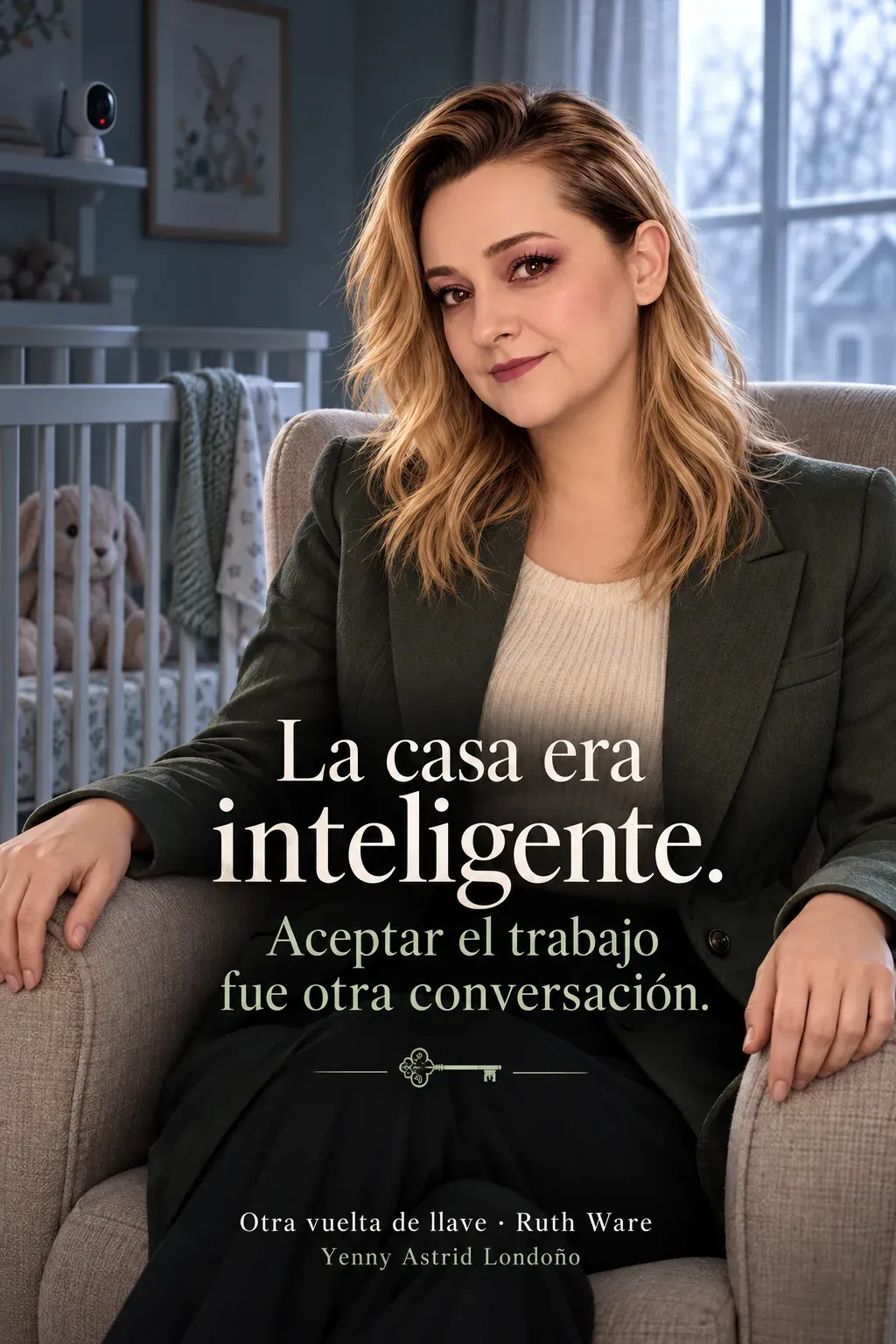 Yenny con chaqueta verde salvia y suéter crema sentada en un cuarto infantil vigilado por una cámara; frase sobre la casa inteligente.