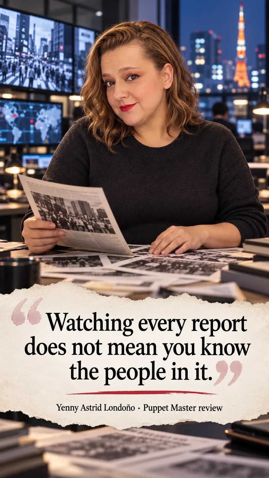 Image from Yenny Astrid Londoño’s review of “Puppet Master”. Yenny in a dark sweater reading clippings beside newsroom monitors. Text: Watching every report does not mean you know the people in it.