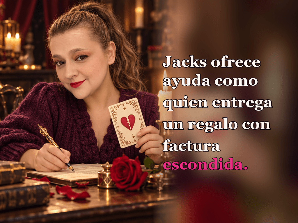 Imagen de la reseña del libro «Érase una vez un corazón roto», escrita por Yenny Astrid Londoño. Ilustración de Érase una vez un corazón roto, de Stephanie Garber, con un texto superpuesto: «Jacks ofrece ayuda como quien entrega un regalo con factura escondida».