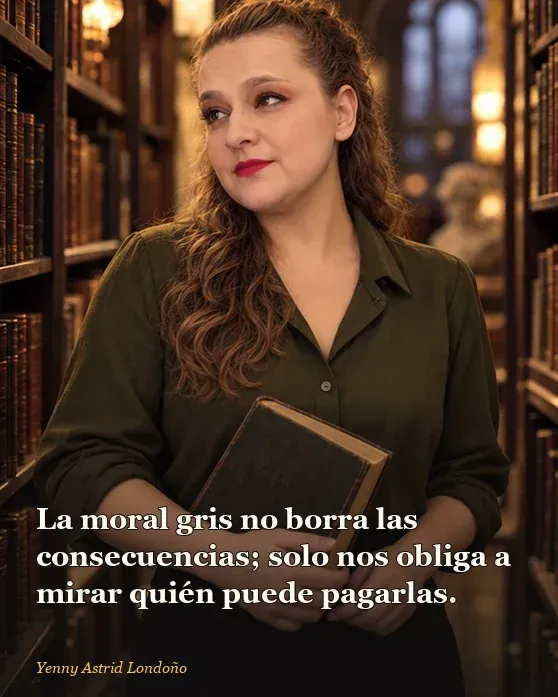 Imagen del artículo «Libros donde nadie es buena persona y por eso uno no puede dejar de mirar», escrito por Yenny Astrid Londoño. Yenny con blusa clara leyendo junto a una libreta de personajes; frase: la moral gris no borra las consecuencias.