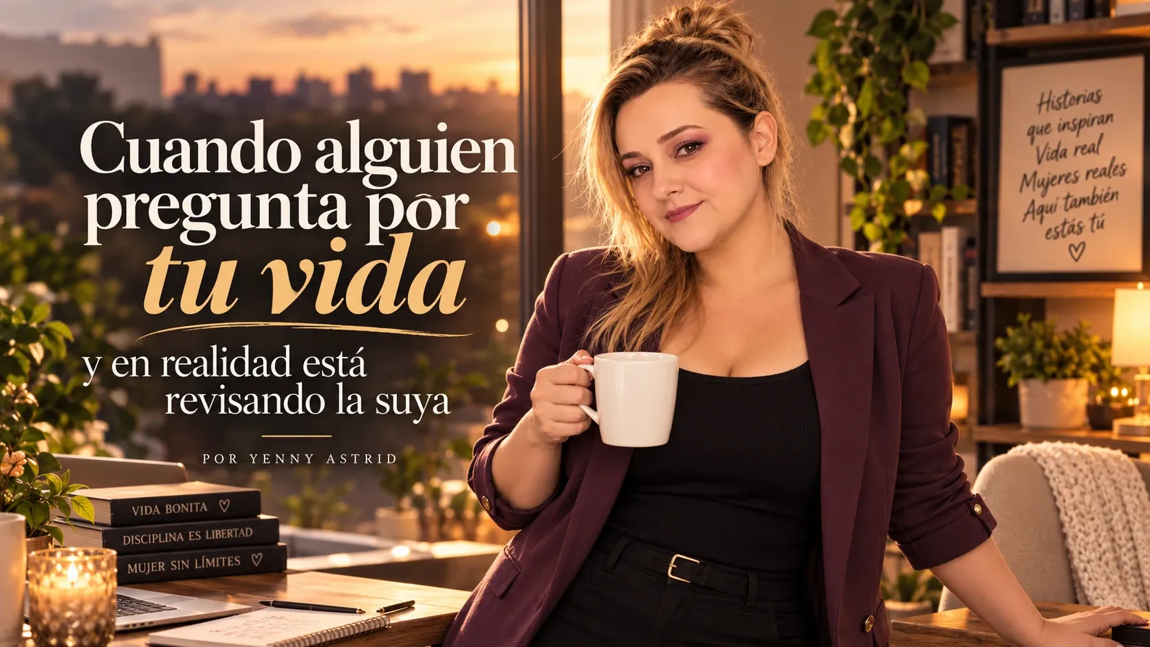 Portada del artículo «Cuando alguien pregunta por tu vida y en realidad está revisando la suya», escrito por Yenny Astrid Londoño. Yenny Astrid Londoño con una taza de café junto a una ventana al atardecer, con el título: Cuando alguien pregunta por tu vida y en realidad está revisando.