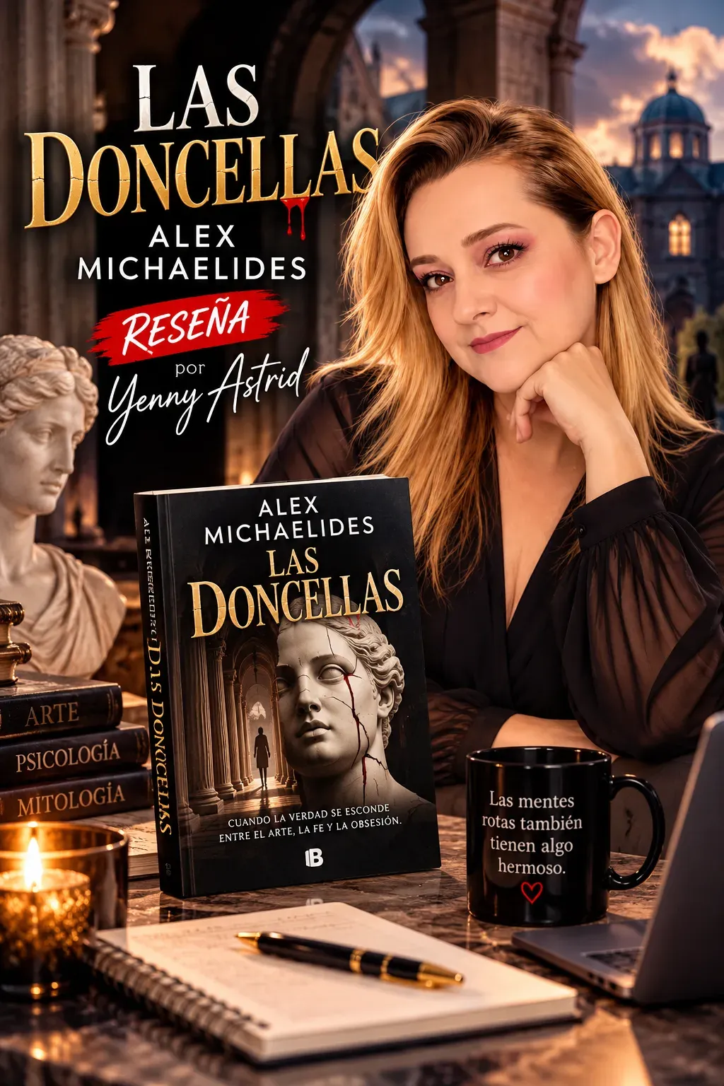 Yenny Astrid Londoño apoyando la cara en la mano, con Las doncellas, de Alex Michaelides, sobre la mesa junto a una taza, libros y una vela, con el título de la reseña superpuesto en la imagen.