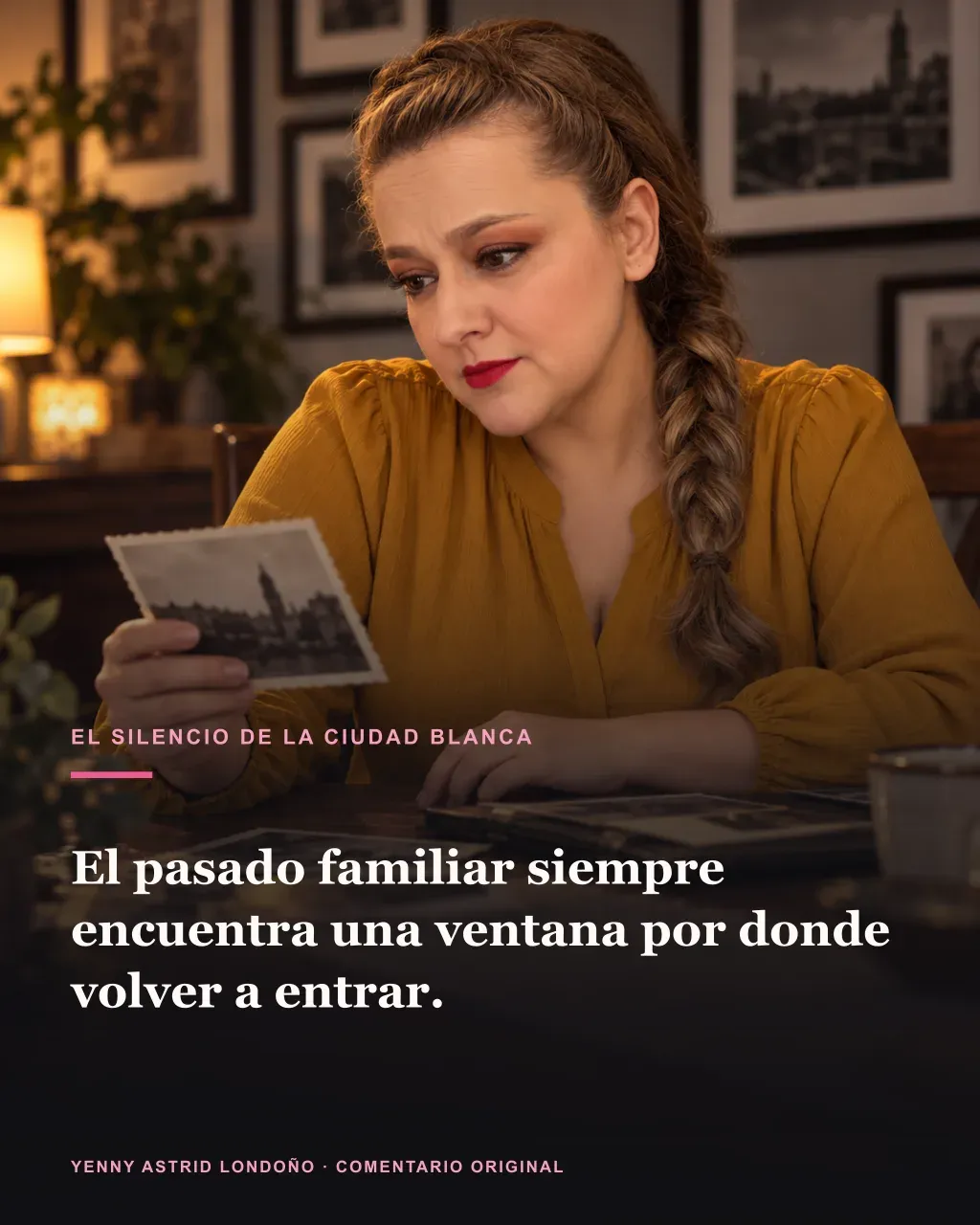 Imagen de la reseña del libro «El silencio de la ciudad blanca», escrita por Yenny Astrid Londoño. Ilustración de El silencio de la ciudad blanca, de Eva García Sáenz de Urturi, con un texto superpuesto: «El pasado familiar siempre encuentra una ventana por donde volver a entrar».