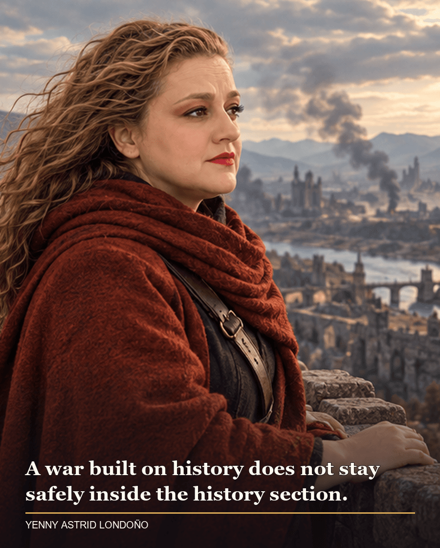 Image from Yenny Astrid Londoño’s review of “The Poppy War”. Yenny in a rust coat looking across a distant war-damaged landscape with smoke far away. Text: A war built on history does not stay safely inside the history section.