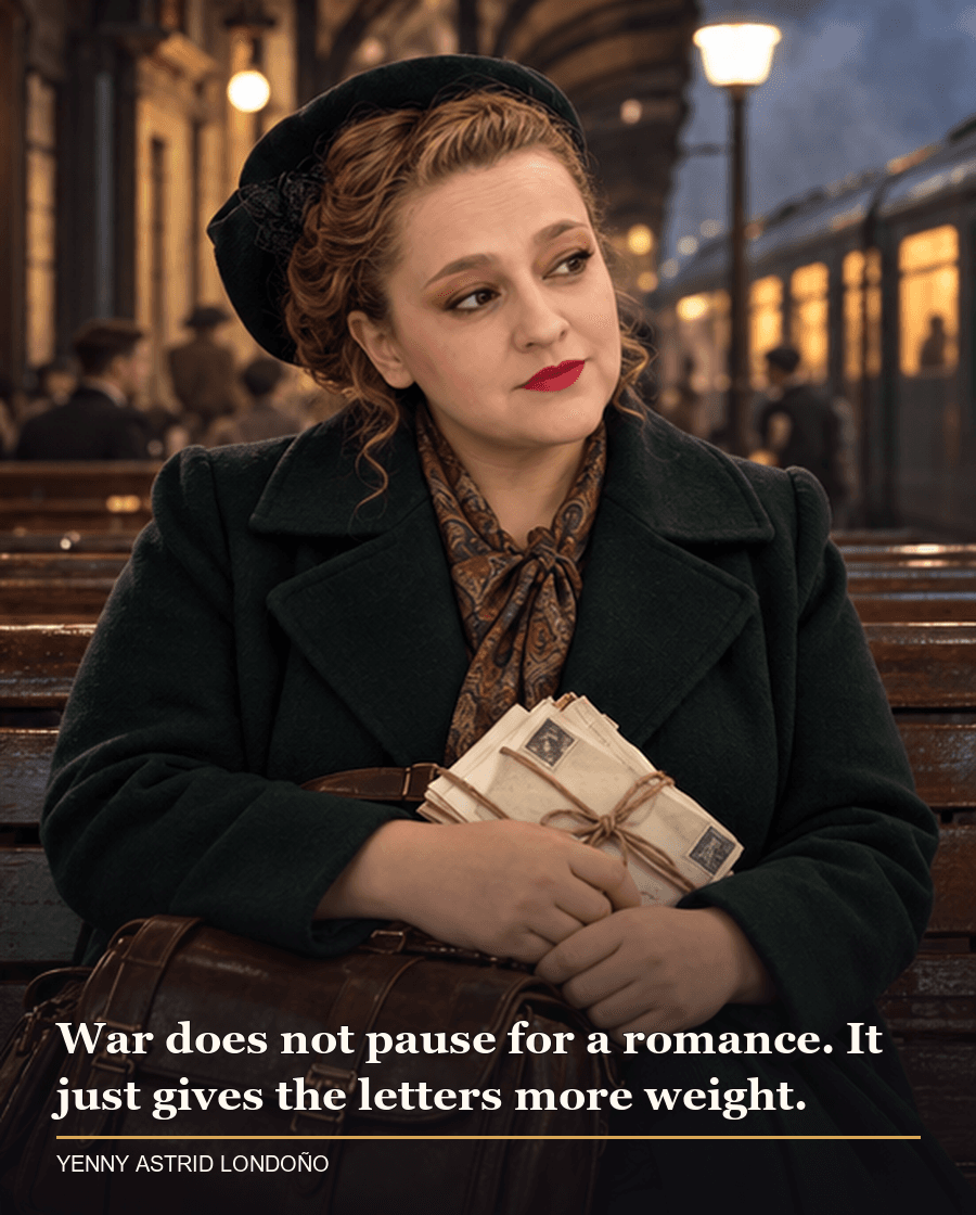 Image from Yenny Astrid Londoño’s review of “Divine Rivals”. Yenny in a dark green coat in a quiet station waiting room with a satchel and a bundle of letters. Text: War does not pause for a romance. It just gives the letters more weight.