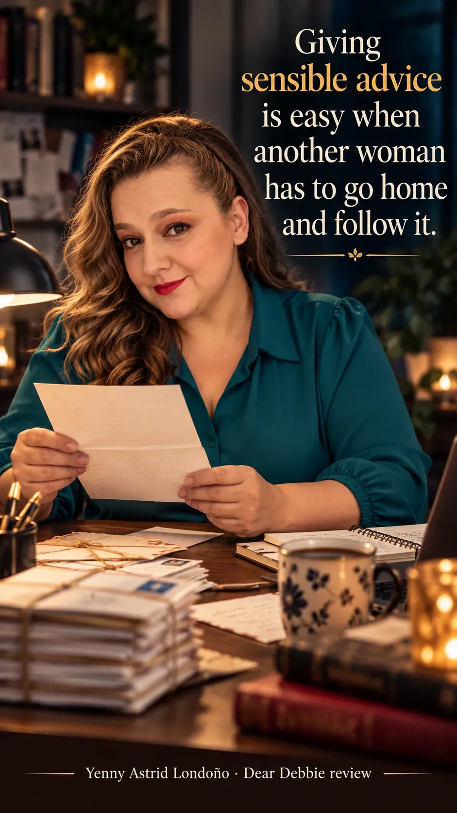 Image from Yenny Astrid Londoño’s review of “Dear Debbie”. Yenny in a teal blouse reading a letter at a desk stacked with correspondence. Text: Giving sensible advice is easy when another woman has to go home and follow it.