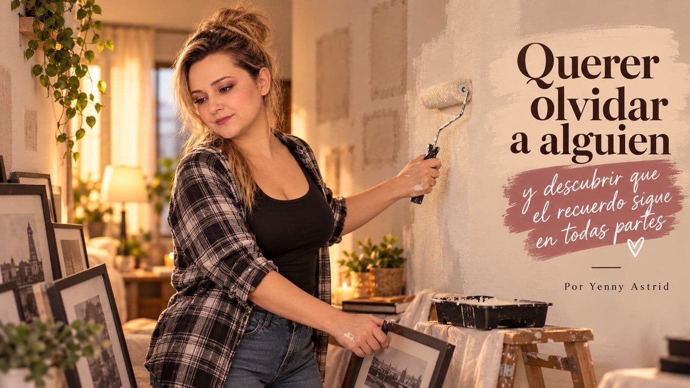 Portada del artículo «Querer olvidar a alguien y descubrir que el recuerdo sigue en todas partes», escrito por Yenny Astrid Londoño. Yenny Astrid Londoño pintando una pared y retirando cuadros, junto a la frase «Querer olvidar a alguien y descubrir que el recuerdo sigue en todas partes»