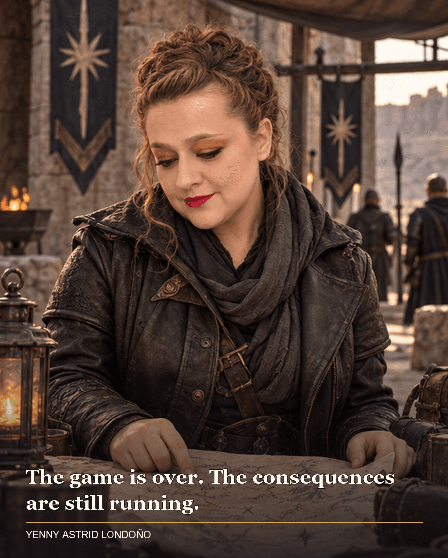 Image from Yenny Astrid Londoño’s review of “Reckless”. Yenny in a charcoal leather coat studying a route map at a stone checkpoint. Text: The game is over. The consequences are still running.